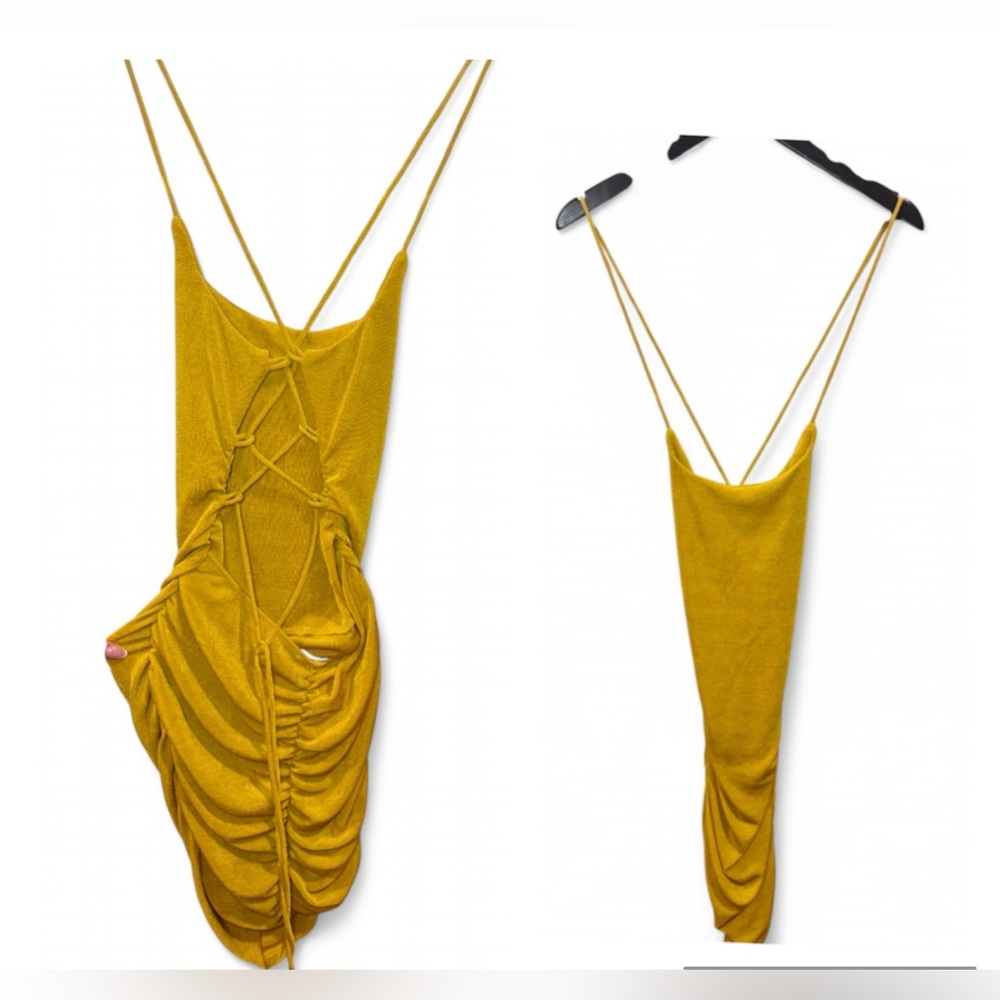 Yellow Mini Dress With adjustable straps and ruched back